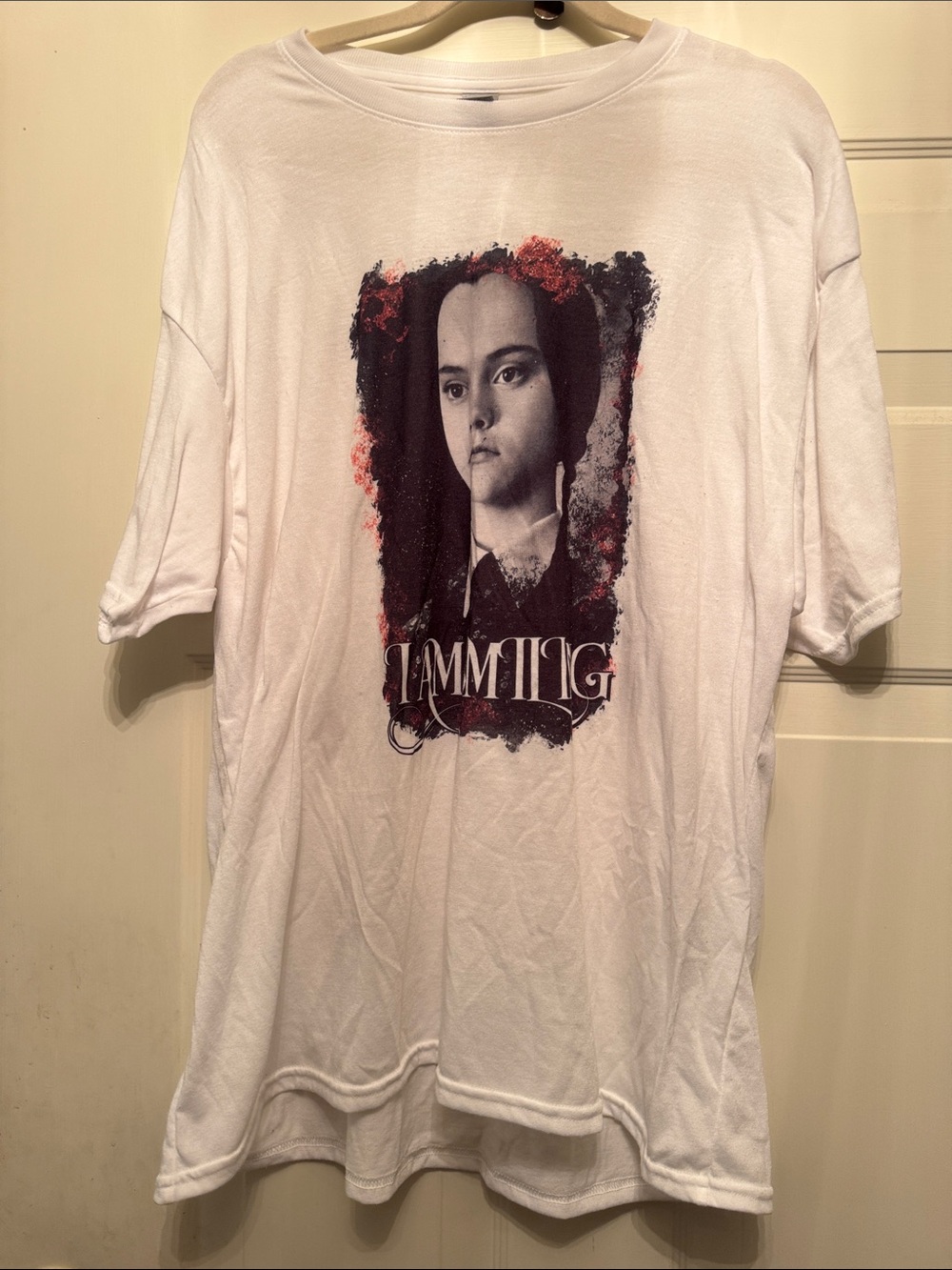 Gildan White Short Sleeve Tee with Wednesday Portrait and Red Accents